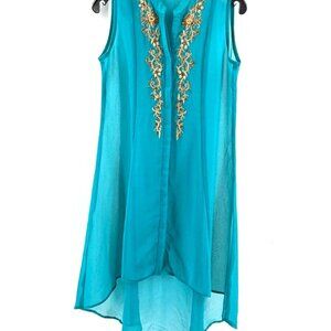 ENV Green Sheer Sleeveless Tunic Top Shirt Coverup Rhinestones Embroidered Sz L